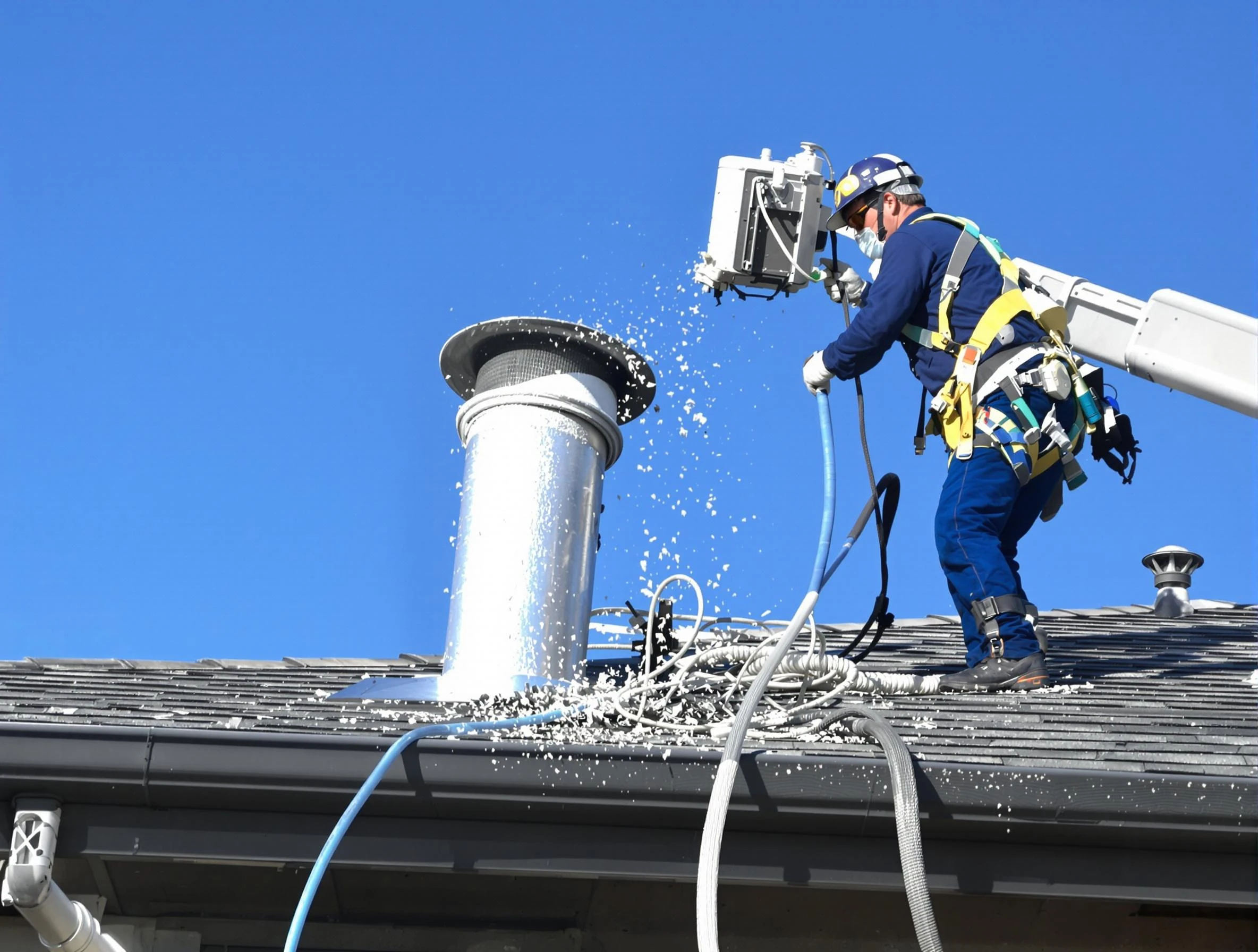 Grantsville Dryer Vent Cleaning certified technician safely cleaning a roof-mounted dryer vent in Grantsville